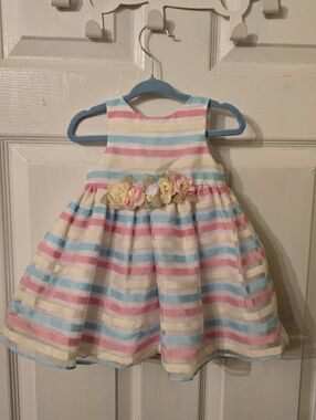 marmellata Pastel Stripe Floral Waist Party Dress - Pink Blue Yellow Cream